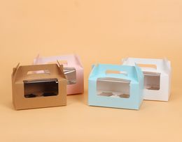 Draagbare Papier Cupcake Box met Venster 2 Gaten Cake Muffin Verpakkingsdozen Bruiloft Verjaardag Gebak Gift Holder W8840