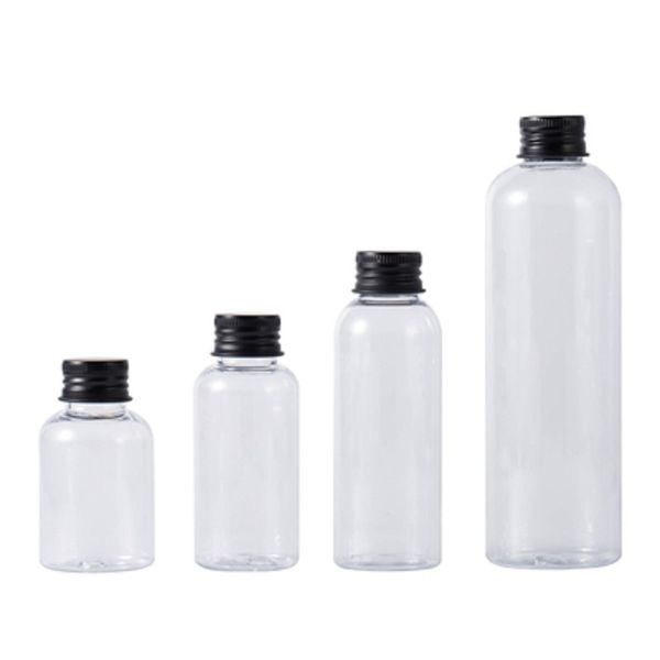 Bouteille transparente en plastique portable ronde épaule PET couvercle à vis noir avec bouchon intérieur vide contenant d'emballage cosmétique rechargeable 50 ml 75 ml 100 ml 250 ml