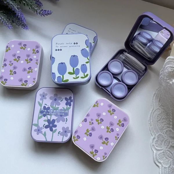 Boîte de contacts de poche en plastique en plastique portable Conteneur de lentilles de contact de fleur violet avec pinceau accessoires de voyage Boîte de rangement