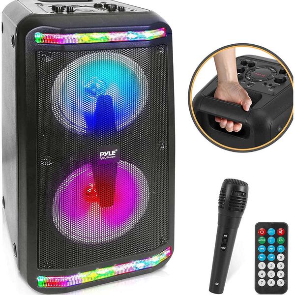 Système de microphone de haut-parleur Pyle Bluetooth portable avec des lumières de fête à LED intégrées, MP3 USB, radio FM, 65 subwoofers, 500 watt max puissance - parfait pour les fêtes de karaoké