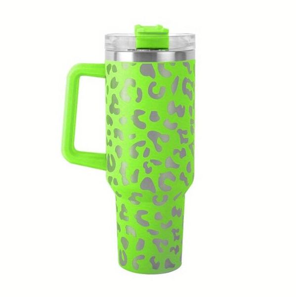 Vaso portátil de 40 oz con estampado de leopardo, de acero inoxidable, doble pared, taza de metal al vacío con asa, tapa, pajita, taza de cerveza de gran capacidad, botella de agua, taza de polvo