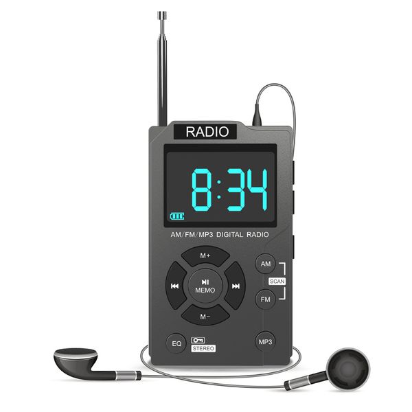 Radio portable FM AM double bande stéréo mini récepteur radio de poche avec support d'affichage LCD lecteur de musique de carte TF avec écouteurs MD-258