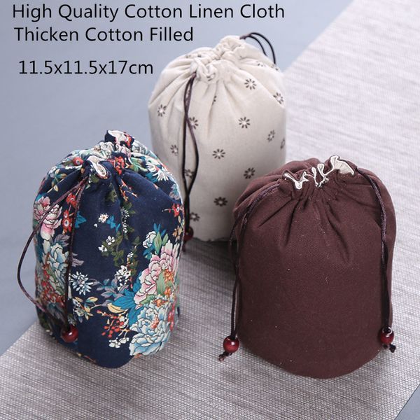 Bolsa redonda portátil grande de lino y algodón con cordón, bolsa de viaje para joyería, tetera, taza de té, bolsa protectora, baratija, bolsas de embalaje de regalo