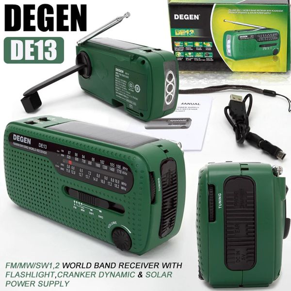 S ers portátiles DEGEN DE13 FM AM SW Crank Dynamo Energía solar Radio de emergencia Receptor global Alta calidad VS Tecsun PL 310ET Panda 6200 231206