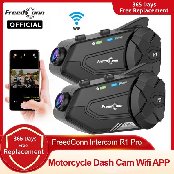 S ers portátiles Freedconn R1 Pro Bluetooth Intercomunicador de motocicleta Casco Auriculares Grupo S er Auriculares WiFi Aplicación Moto Dash Cam Moto Auto Dvr 231216