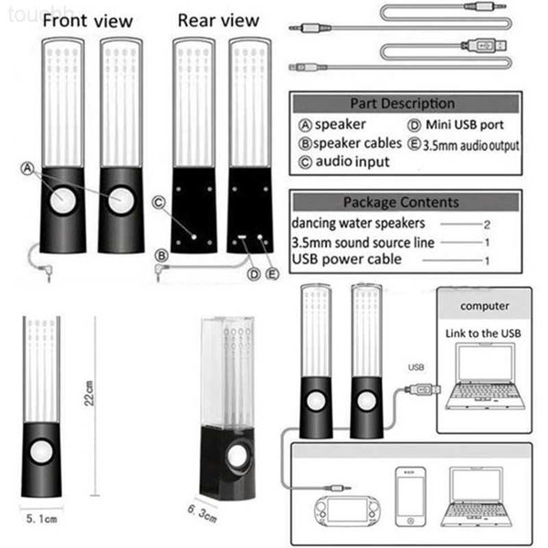 Altavoces portátiles 2 uds luz LED fuente de música de agua de baile para PC portátil para teléfono escritorio altavoz estéreo Y2212 L230822