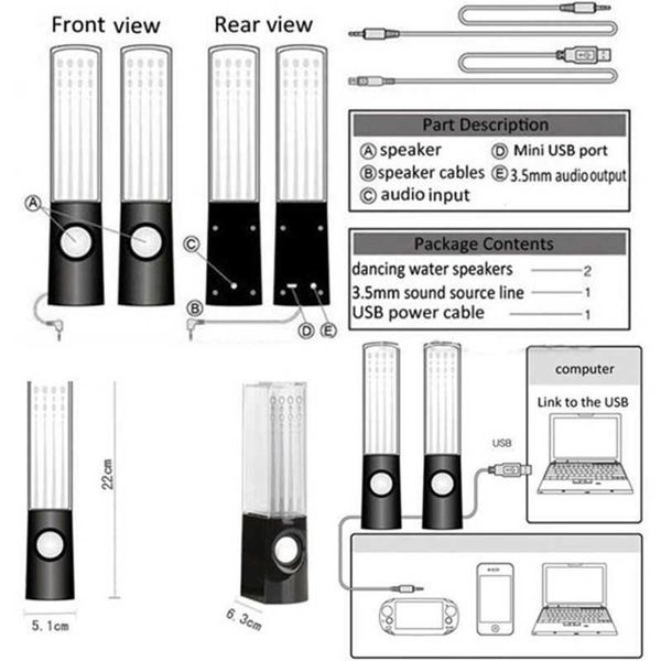 Altavoces portátiles 2 uds. Fuente de música de agua con luz LED para PC, portátil, altavoz estéreo para escritorio de teléfono