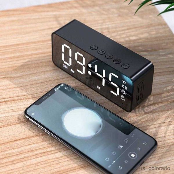 Haut-parleurs portables Haut-parleur sans fil Bluetooth Mini carte portable Miroir Double son d'horloge avec température R230803