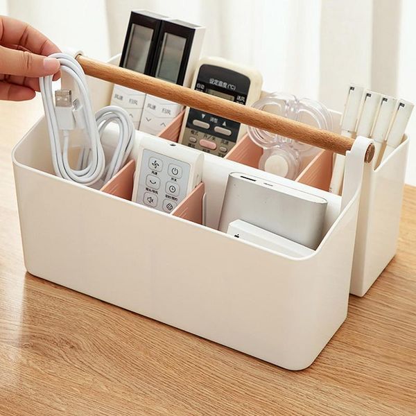 Boîte de rangement portable avec poignée en bois et compartiments divisés Organisateur de panier de rangement imperméable pour salle de bain de bureau