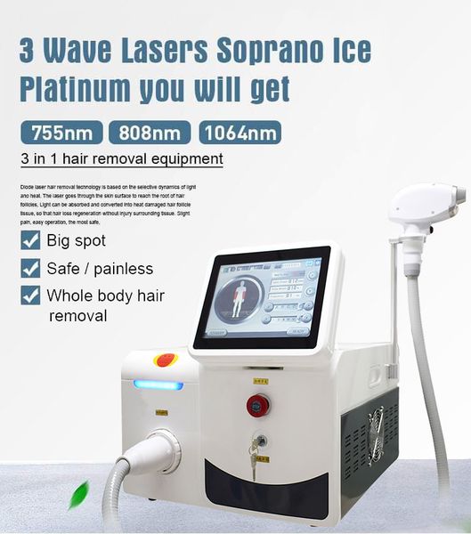 Portable Super refroidissement ICE Triple longueur d'onde 755 808 1064nm Machine permanente d'épilation au laser à diode avec 10 barres pour salon et clinique
