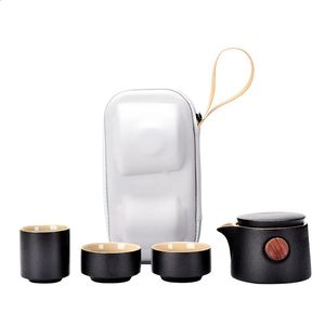 Juego de tazas de té portátiles, juego de té de cerámica con esmalte negro, juego de teteras con mango de sándalo de cerámica de estilo japonés para viaje a casa 240124