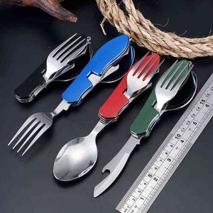 Portable Tool Cutlery Multitool Flatware Rainbow Utensil Bottle Can Opener Fold Spork Fork Tableware Picnic Camp Spoon Knife Y220530