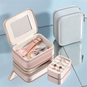 Boîte à bijoux de voyage portable avec miroir double fermeture éclair en cuir PU Mini étui à cadeaux Organisateur de stockage pour bagues, boucles d'oreilles, colliers, bracelets