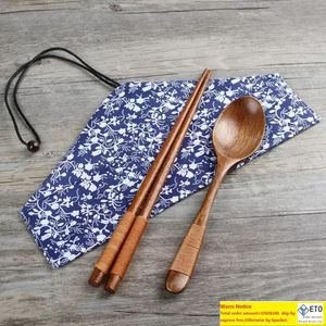 Juego de vajilla portátil de viaje al aire libre de madera Natural, cucharas de té, bolsa Vintage, herramienta de comedor para Sushi