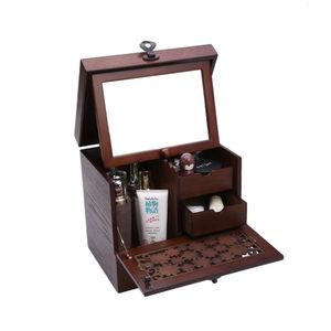 Boîte de rangement de maquillage en bois vintage Vintage Boîte de train Cosmetic Organisateur Caddy Tote Mirror Drawer 240416