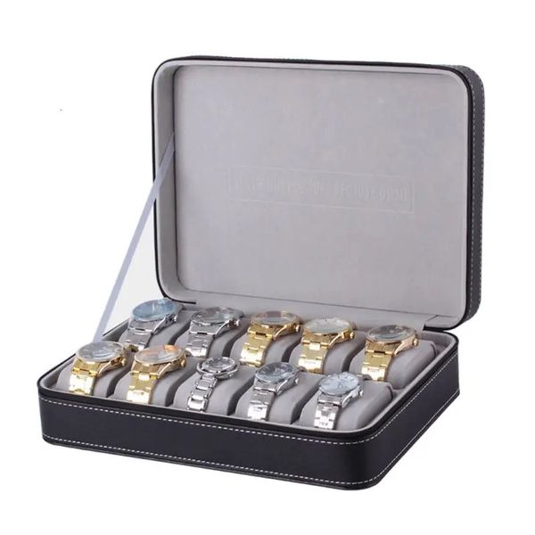 Boîte de montre portable organisateur cercueil en cuir PU avec fermeture à glissière style classique 10 grilles vitrine de bracelet multifonctionnelle 240116