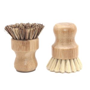 Brosse de nettoyage en bois Portable poignée ronde Pot Sisal palmier plat bol Pan nettoyages brosses corvées de cuisine frotter 2 Styles