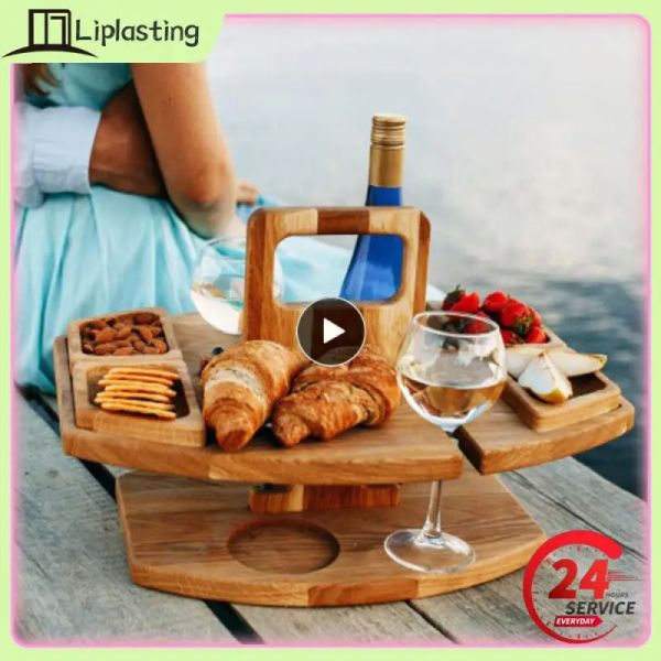 Table de pique-nique en bois portable Proprete de transport Handle Outdoor Table de vin pliant Autocheur de vin amovible Pliage de table basse plateau