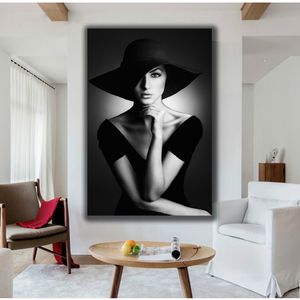 Portret canvas schilderij zwart wit prints glamour vrouw met hoed muur kunst foto's voor woonkamer galerij home decor geen frame