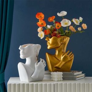 Portrait Vase Statue Figure Abstraite Pots De Fleurs Décoratif Vase De Table Jardin Moderne Maison Résine Decora Art Nordic Home Decor 220210