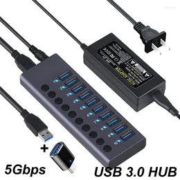 Puertos USB 3,0 HUB carga 5Gbps transferencia de datos divisor externo estación de acoplamiento potencia 60W LED interruptor de luz adaptador de conversión