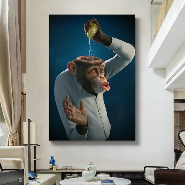 Affiche et imprimés drôles de singe, citron, peinture sur toile, gorille, Animal, tableau d'art mural pour salon, Design de maison