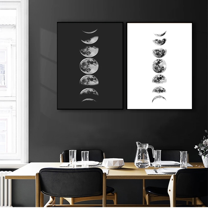 ポスターペインティングラルナ写真ホームウォールアート装飾ムーンフェーズウォールキャンバスポスタープリント黒と白いムーンフェーズウー
