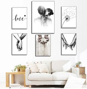 Affiche impression mode peintures Couples amoureux chambre Decor1 noir blanc romantique main dans la main toile peinture amour citations mur Art Woo