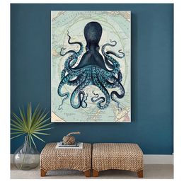 Impresiones de carteles, imagen artística de pared costera náutica, mapa de la Antártida, pintura en lienzo, decoración de pared del hogar, tentáculos de pulpo Kraken Vintage Woo