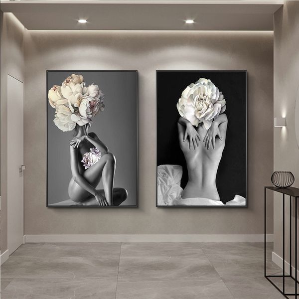 Pósteres e impresiones flores pluma mujer pintura al óleo lienzo cuadros de pared para sala de estar decoración del hogar