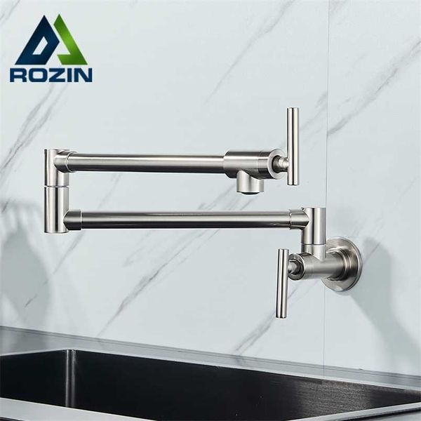 Pot Filler Double Joint Bec Pliant Extensible Bras Oscillant Mur En Laiton Robinet De Cuisine Monotrou Deux Poignées Robinet D'évier De Cuisine 211108