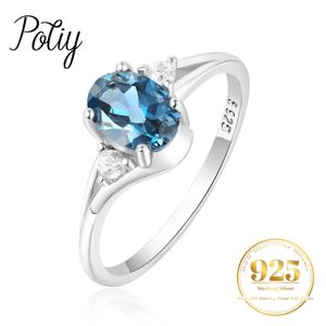 Potiy Echte Natuurlijke Ovale London Blue Topaz 925 Sterling Zilveren Solitaire Ring voor Vrouw Mode Edelsteen Fijne Sieraden Bruiloft 240402