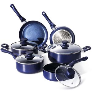 Potten en pannenset, aluminium kookgerei, anti -aanbak keramische coating, bakpan, stockpot met deksel, blauw, 10 stuks