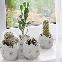 Pots de plante de chat ensemble 4 pots de chat blanc + 5 pcs rose outil ensemble accessoires de bureau de chat cadeaux pour les amoureux des chats