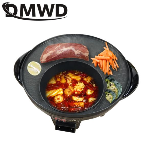 POTS DMWD MULTIFONCTIONNEL BBQ ELECTRICAL GRILL PLAQUE NON Stick Barbecue Pan Hot Pot Dîne Pouettet Barbecue Iron Fondue Roaster