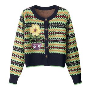 Suéteres de lujo con bordado de flores en maceta para mujer, cárdigan de rayas geométricas de manga larga, suéter de diseñador, ropa para mujer