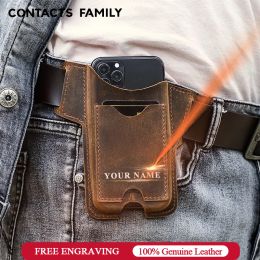 Pouches CONTACTS FAMILY 100% Nubuck Leather Phone Waist Case Bag Men Cellphone Loop Holster Belt Pouch for iPhone 14 13 12 Pro Max Mini