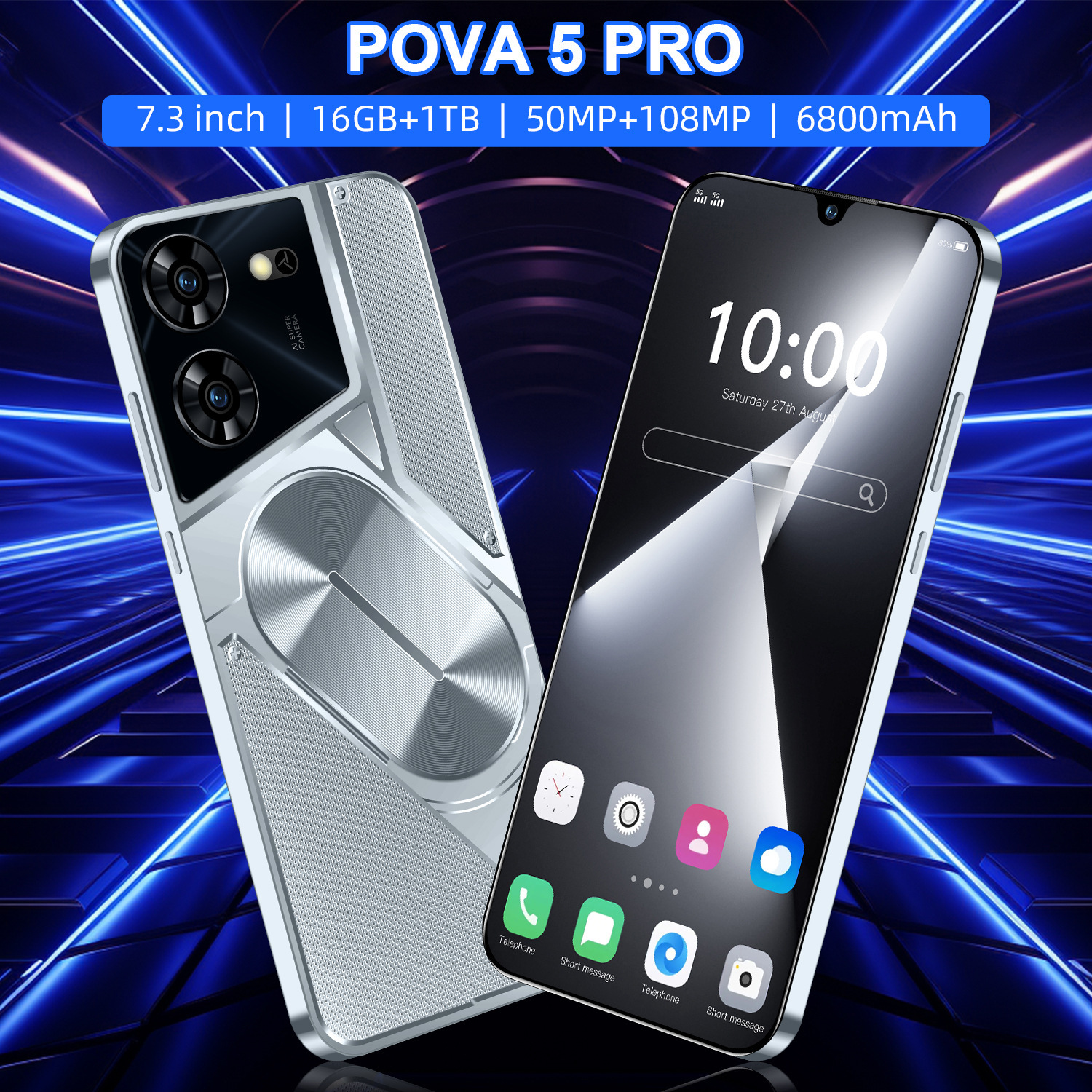 POVA5 Pro Neues grenzüberschreitendes Mobiltelefon 7,3-Zoll 2 16incell Bildschirmquelle Hersteller Beliebtes Smartphone
