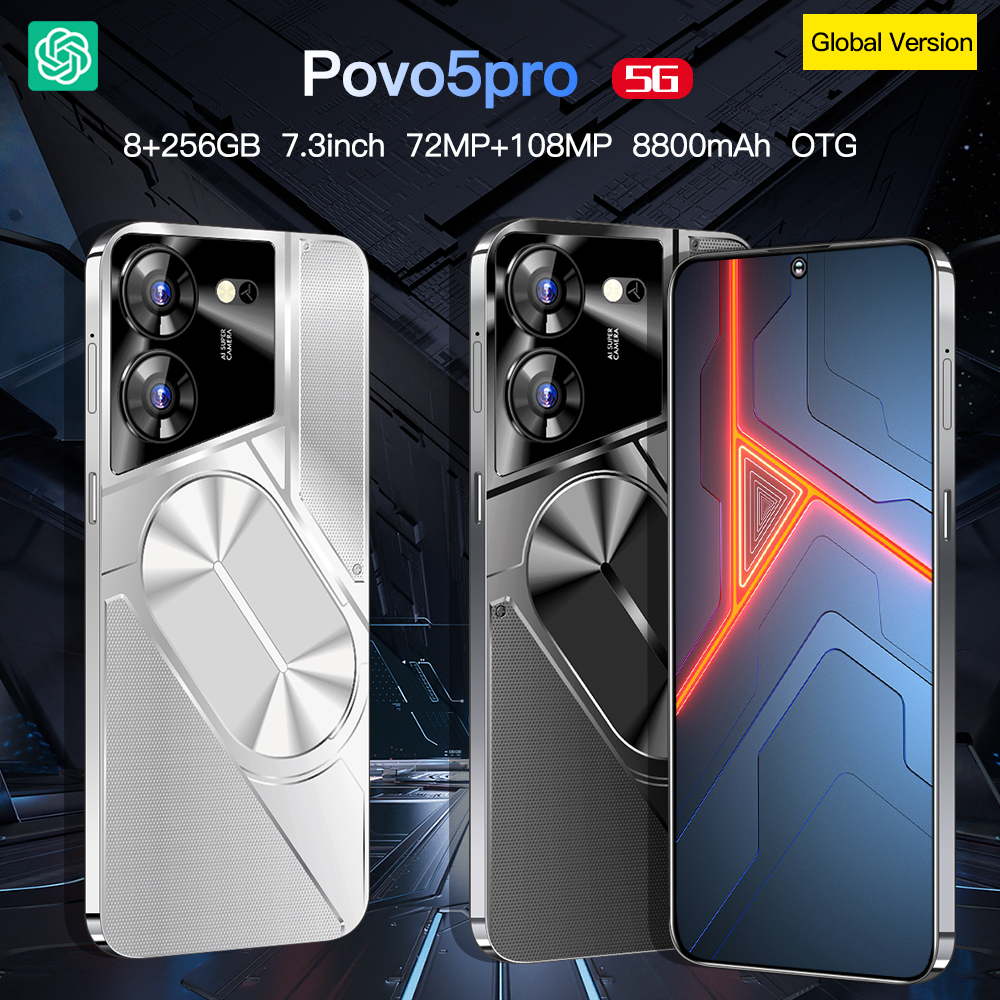 Povo5pro Android-смартфон Сенсорный экран Цветной экран 4G 8 ГБ 12 ГБ 16 ГБ ОЗУ 256 ГБ 512 ГБ 1 ТБ ПЗУ 7,3-дюймовый HD-экран Датчик силы тяжести поддерживает несколько языков