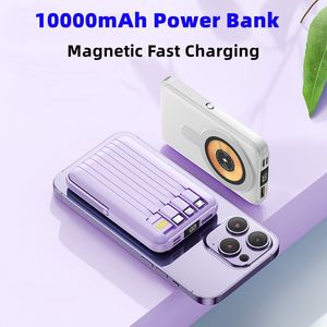 Power Bank 10000mAh Powerbank magnético Carga rápida inalámbrica para iPhone Samsung Xiaomi Huawei Oppo Vivo Smartphone Banco de energía externo portátil con cables