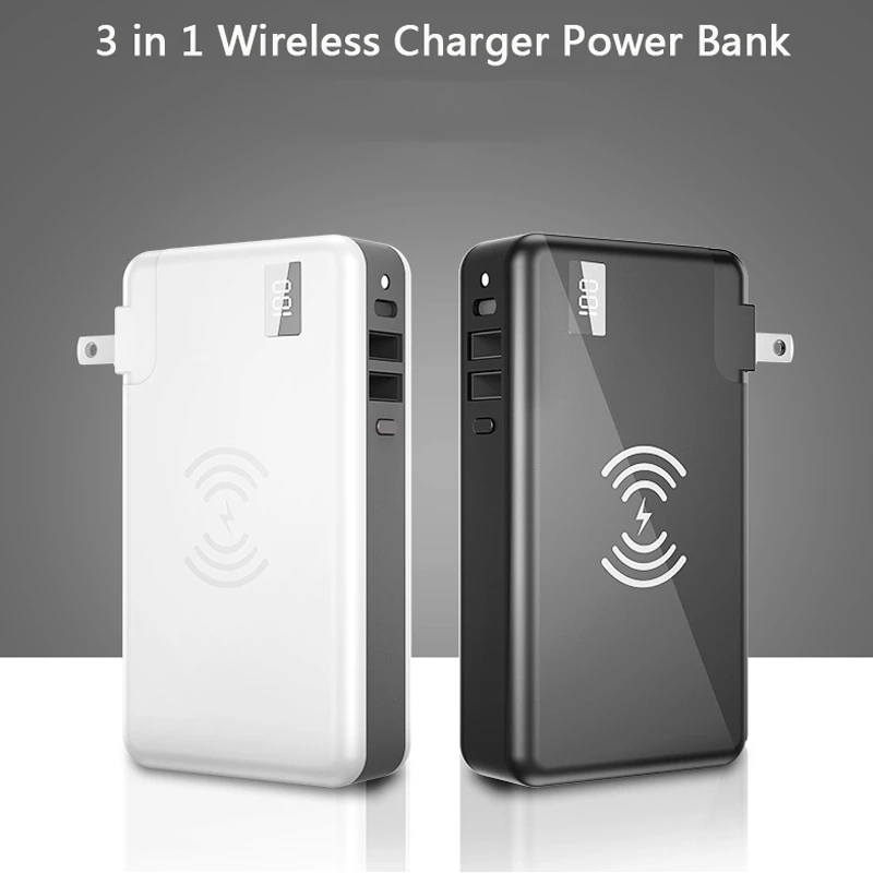 Power Bank 10000mAh com plugue EUA e UE Carregador sem fio Qi para iPhone 14 13 pro Samsung Xiaomi Tablet Powerbank 3 em 1 carregador de parede