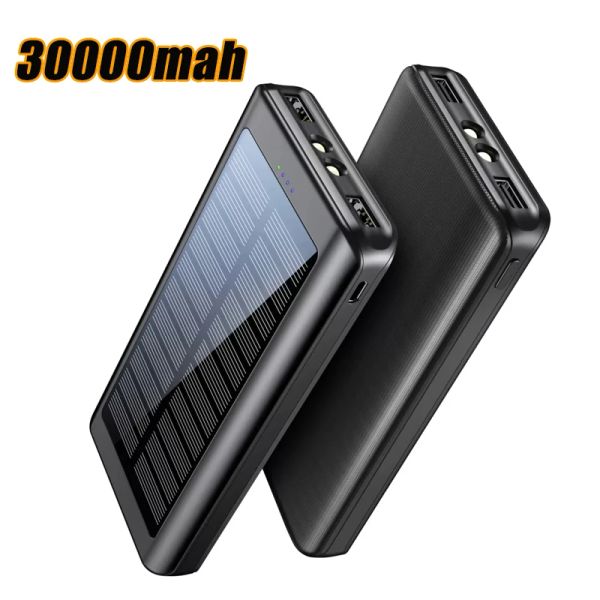 Power Bank solaire 30000mah, avec lampe de poche, batterie externe Portable d'extérieur, Charge rapide, pour iPhone Xiaomi