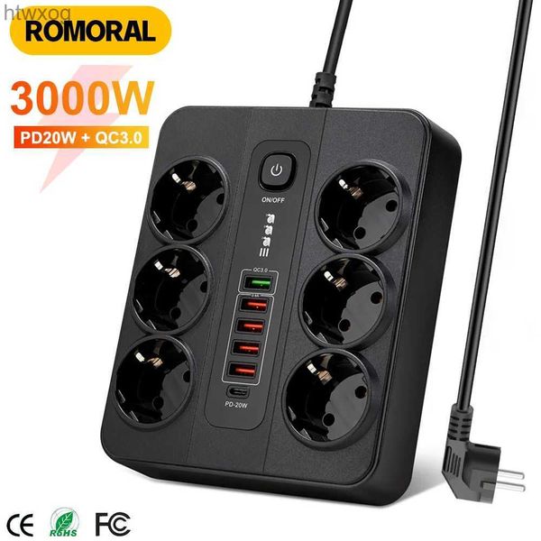 Prise de câble d'alimentation 3000 W UE multiprise avec QC3.0 PD20W 6AC prise de courant européenne adaptateur de multiprise 2 M rallonge multiprise avec port USB YQ240117