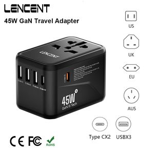 Fiche de câble d'alimentation Adaptateur de voyage international LENCENT 45W GaN avec 3 adaptateurs d'alimentation USB 2 Type C Chargeur rapide EU/UK/USA/AUS plug for Travel 230701