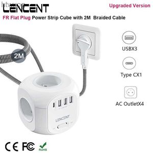 Enchufe de cable de alimentación LENCENT FR Cubo de regleta de enchufe plano con 4 salidas de CA 3 puertos USB 1 cable trenzado tipo C de 2 m Toma múltiple con interruptor para el hogar YQ240117