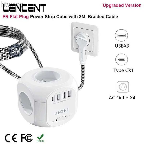 Prise de câble d'alimentation LENCENT FR Prise plate Multiprise Cube avec 4 prises CA 3 ports USB 1 câble tressé de type C 3M Multiprise avec interrupteur pour la maison YQ240117