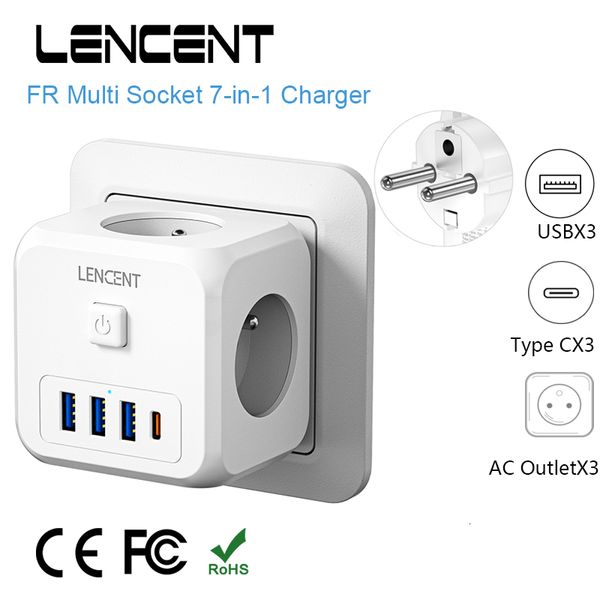 Fiche de câble d'alimentation LENCENT FR Multi Socket Cube Adaptateur secteur avec 3 ports USB 3 prises AC 1 prise murale de type C 7 en 1 interrupteur marche/arrêt pour la maison 230701