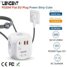 Voedingskabelstekker LENCENT Stekkerdoos Kubus met 4 stopcontacten +2 QC3.0 USB-poorten +1 PD20W Type C 2M gevlochten kabel Multi-aansluiting met schakelaar voor thuis YQ240117