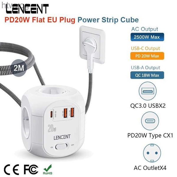 Enchufe de cable de alimentación LENCENT Regleta Cubo con 4 salidas de CA +2 puertos USB QC3.0 +1 PD20W tipo C Cable trenzado de 2M Toma múltiple con interruptor para el hogar YQ240117