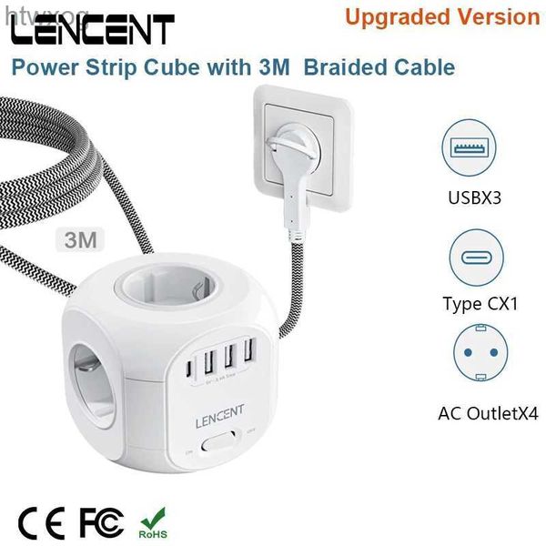 Enchufe de cable de alimentación LENCENT Cubo de regleta mejorado con 4 salidas de CA 3 puertos USB 1 cable trenzado tipo C 3M enchufe múltiple con interruptor para el hogar YQ240117